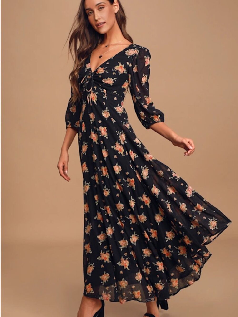 Free People Sea Glass Black Floral Print Balloon Sleeve Maxi Dress XS (0)